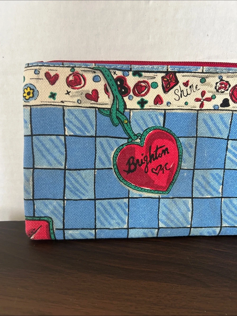 Brighton Blue Grid Cosmetic Pouch with Red Heart Accent